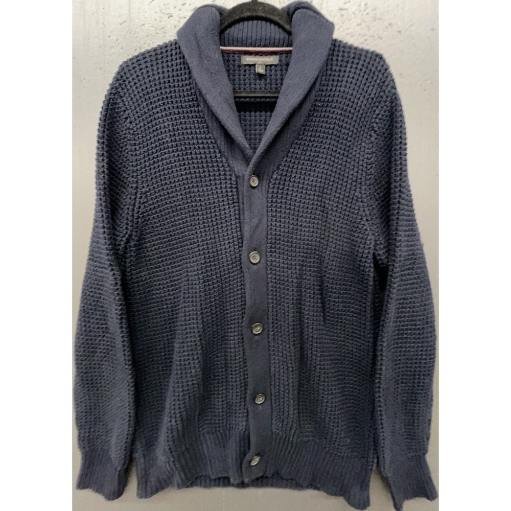 Banana Republic Shawl‎ Sweater Men L Blue Cardigan Waffle Knit Cotton Academia